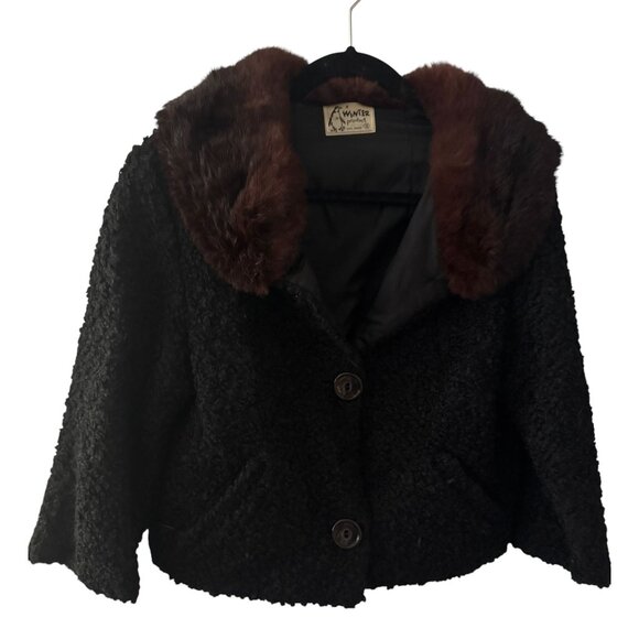 Jacket Black Curly Lamb Brown Fur Collar & Button Closure Small 1950 - Picture 10 of 14
